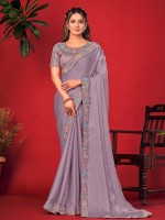 Lavender Crackle Chiffon Saree With Readymade Blouse